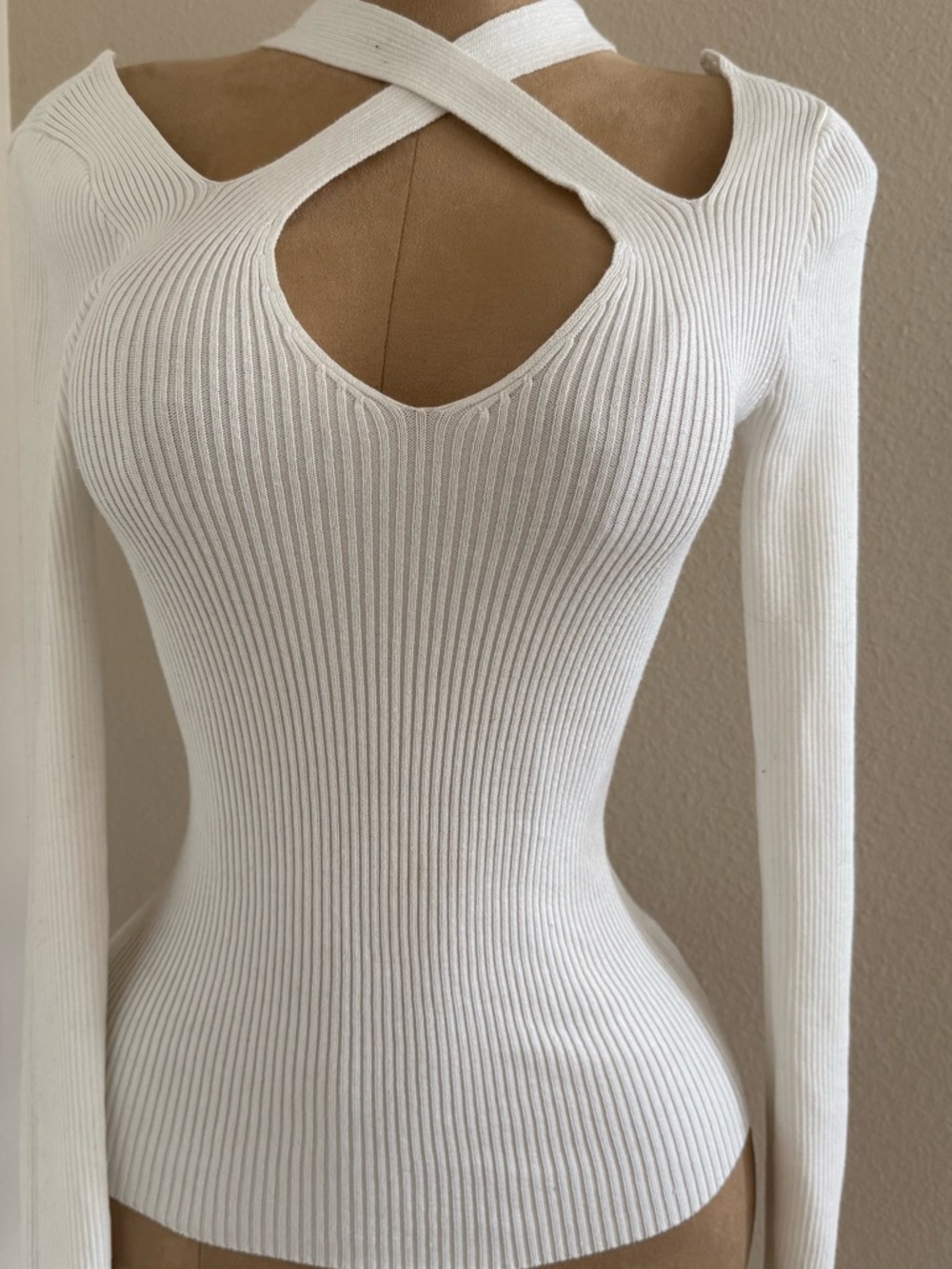Ribbed Cross-Strap White Knit Top